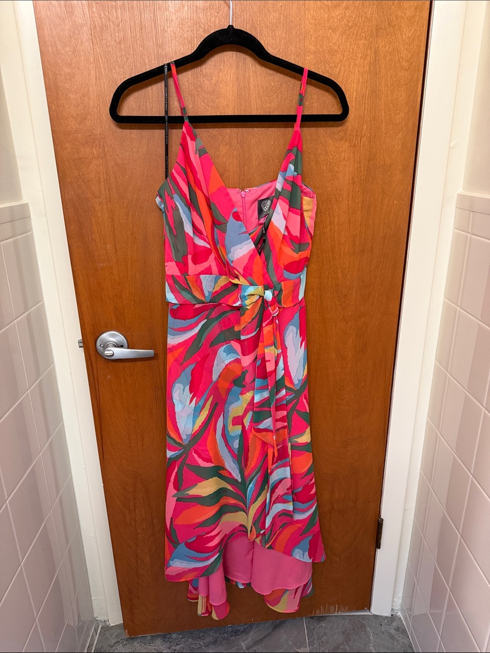 Vince Camuto Pink Multi-Color Tropical-Print High-Low Dress